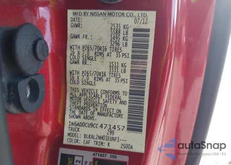 2012 Nissan Frontier Sv z USA, uszkodzony, nr VIN 1N6AD0CU9CC471457